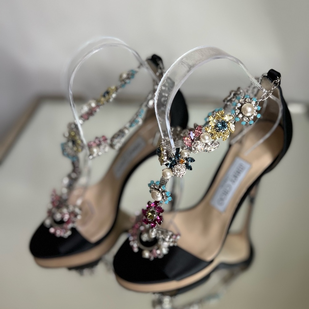 New JIMMY CHOO Reign 100 Satin Sandals With Camellia Mix Anklet $4,495 36 - Picture 12 of 16